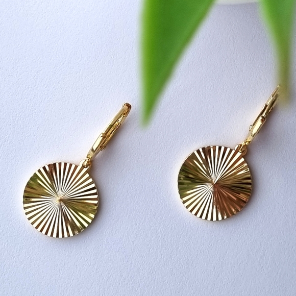 Earrings | Gold Toned | Round, Textured Sunburst | Huggies Hoop Drop Style. 💕 - Picture 8 of 16